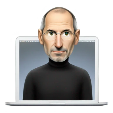 Steve Jobs wearing a black turtleneck using a MacBook. facing forward sticker