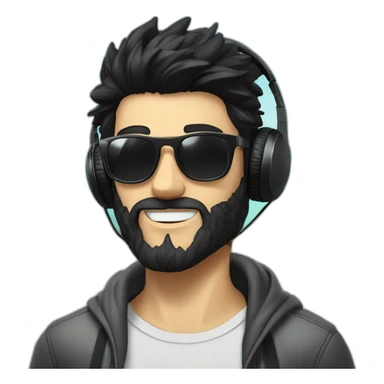 A stylish boy wearing headphones and sun glasses and in background music waves black hair black beard new trending look white skin colour like a hero sticker