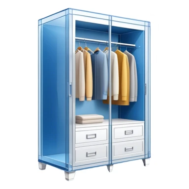 Icon for Furniture Design: a semi-transparent 3D wardrobe on top of a blueprint, with design metrics and measurements around it. The icon should represent the design and development process of furniture. Transparent background. sticker