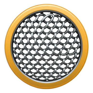 3D render of Speaker Grille, made of interlocking chainmail metal rings, wire mesh texture, visible holes and negative space, metallic silver and grey, high contrast shadows, emoji style, isolated on white background --v 6.0. sticker
