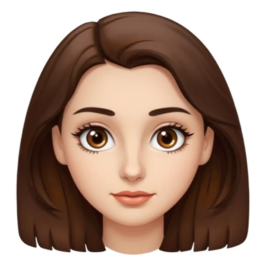 uma mulher com cabelo curto, castanho, levemente ondulados e um pouco abaixo do ombro, sobrancelhas grossas e cílios grandes. Cor da pele é branca e olhos castanhos e um pequeno sinal na bochecha direita.  sticker