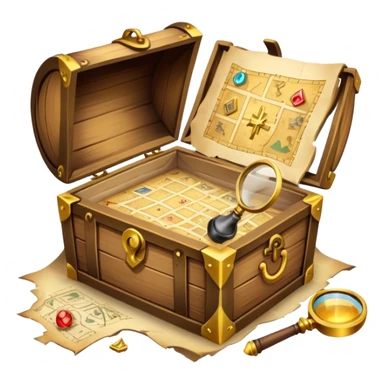 An icon depicting a treasure map with an open chest, surrounded by clues and mysterious symbols. A magnifying glass hovers over the map, symbolizing the thrill of discovery and adventure. Set on a transparent background, it should evoke the excitement of solving puzzles and exploring new worlds. sticker