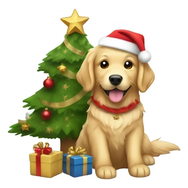 golden retriever dressed like santa under a christmas tree holding a gift sticker
