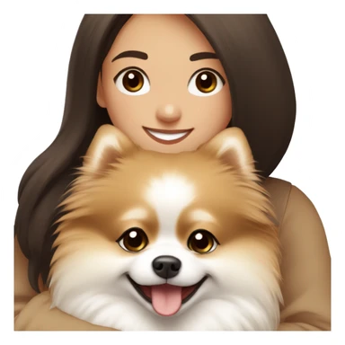 beige and white Pomeranian in the hands of a white young woman with dark brown hair smiling and cuddling the dog  sticker