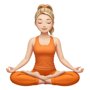 white woman with ponytail hairstyle, sitting in lotus position, eyes closed with a subtle happy smile, wearing orange yoga outfit sticker
