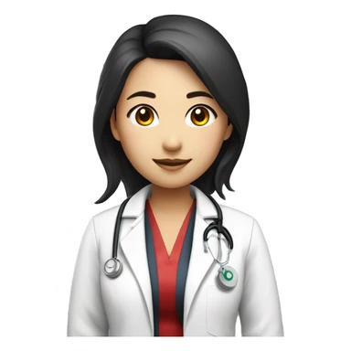 a young asian female doctor with a white coat and stethoscope around her neck with black and red highlighted hair of shoulder length full body sticker