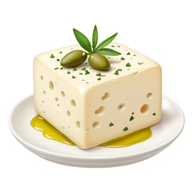 Cinematic Realistic Feta Cheese Dish Emoji, depicted as a block of crumbly, tangy cheese garnished with olive oil and herbs rendered with lifelike detail and soft natural lighting. sticker