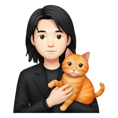 Long hair asian men wearing black jacket with an orange cat sticker