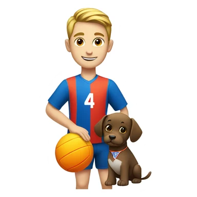 A white boy holding a red blue orange green and yellow volleyball  witha shirt with a dog and number 14 sticker