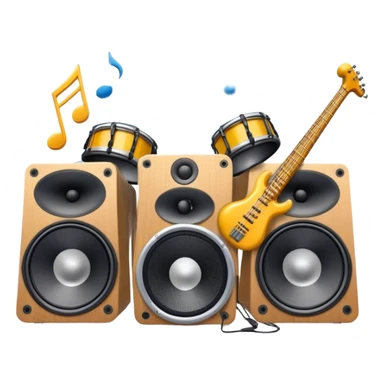 Icon for R&B Music Listening: large concert speakers and headphones with waves of musical notes coming out, along with drums, bass guitar and saxophone. The icon should convey the energetic and rhythmic vibe of R&B music. Transparent background sticker