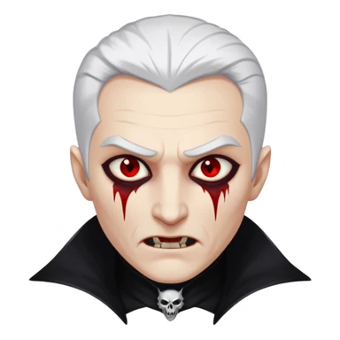 Creat a young man Vampire with white skin and white hair "make him have slide back hair" and full black vampire clothes and bloody eyes and long fangs and scary dead sleepy eyes and silver logo on his neck sticker