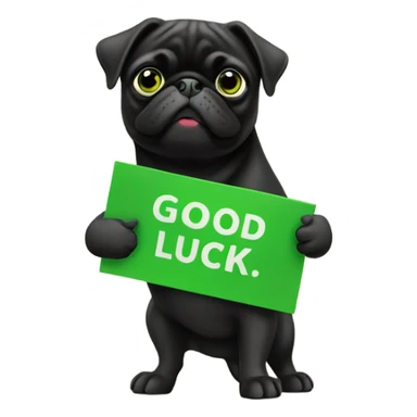Black pug holding a green sign that says good luck  sticker