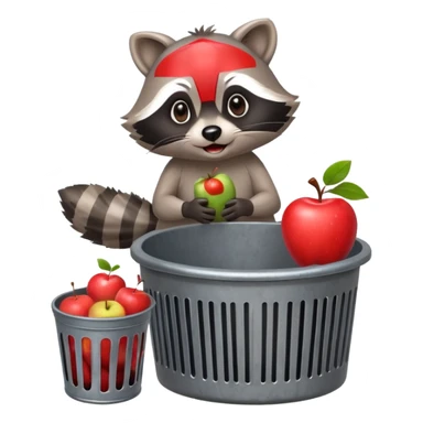 a raccoon sitting ontop of s trashcan holding a bitten apple sticker