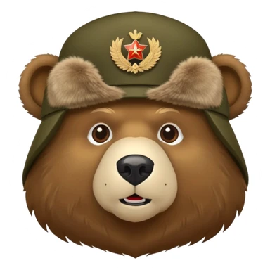Cartoon Russian bear head wearing military style ushanka hat with Russian emblem, iOS emoji style sticker