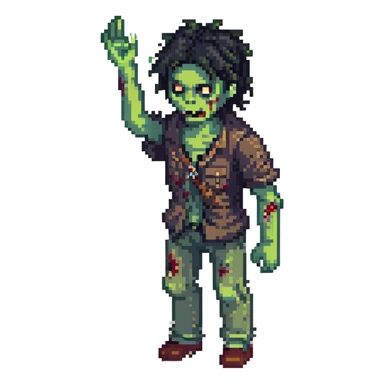 isometric zombie with one arm raised in the air and messy black hair sticker