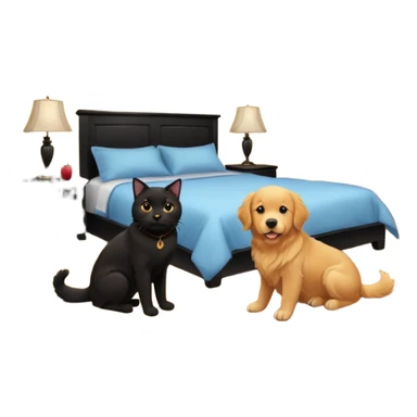 golden retriever and black cat in a bedroom sticker