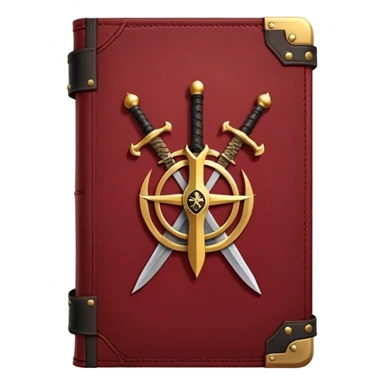 A dark crimson red book with black and gold details, a rugged leather texture, and an emblem of crossed swords, a knight chess piece, or a battle flag, radiating strategy, discipline, and the art of power sticker