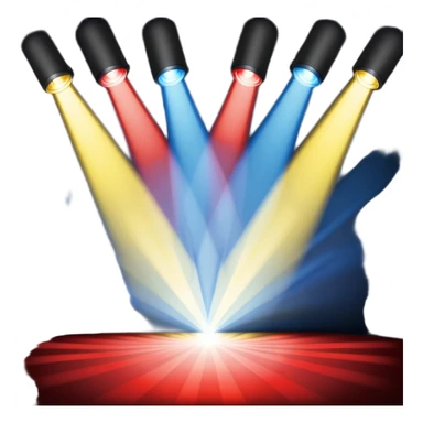 An emoji of stage lights shining brightly. Multiple spotlights in different colors (blue, yellow, red) angled towards a stage, creating a dramatic and concert-like atmosphere. Beams of light cutting through the darkness with a slight glow effect sticker