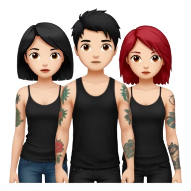 generate a fair boy with messy black hair, tattoos. standing beside a fair black haired girl wearing a black cami top and a tan girl with red hair sticker