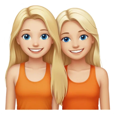 Two girls both have long blonde hair standing cheek to cheek on a beach with one girl wearing an orange shirt and the second girl wearing a tank top both have bright white teeth and smiling both have beautiful blue colored eyes sticker