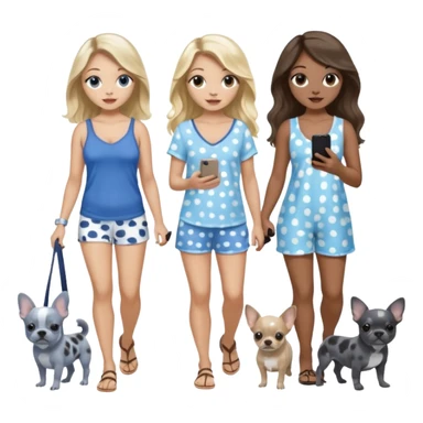 Three pretty women in beach clothes one walking a blue and gray spotted Merle Frenchie, one walking a black chihuahua puppy, one holding iPhone, hazel eyed light skin with dark blonde long hair and light light skin hazel eyed long wavy brown hair, blue eyed light skin long blonde hair  sticker