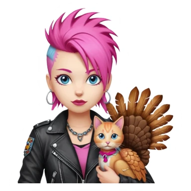 A blonde punk rocker woman with blue eyes with a thanksgiving turkey cat sticker