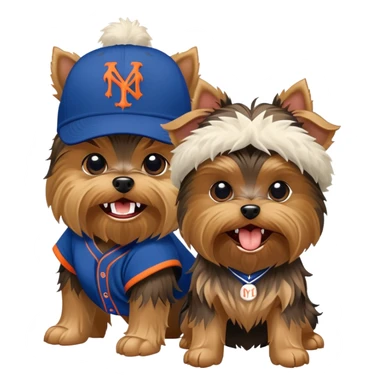 Yorkie with a NYY hat fighting an ugly dog with a New York Mets hat sticker