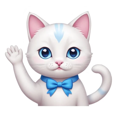 white cat with blue eyes very cute with a pink bow on his neck waving hello sticker