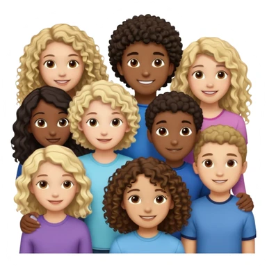 Group of diverse friends standing together, including a dark-skinned boy, a light-skinned blonde boy, a light-skinned girl with dark hair, a mixed-race girl with brown hair, a light-skinned person with curly hair, a mixed-race person with dark curly hair, and in the center a mixed-race person with wavy hair sticker