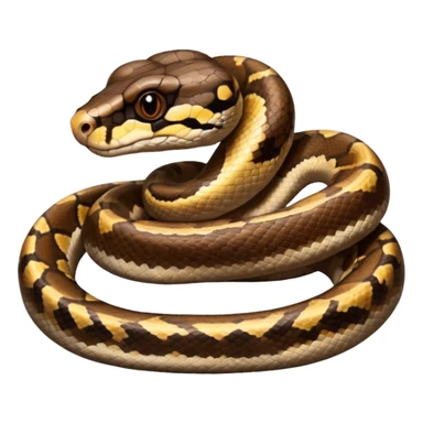 A photo-realistic top-down view of a Ball Python gently coiled into a tight spiral, with its head resting peacefully at the center. Its scales are warm brown with bold, irregular black markings, including the distinctive “alien-head” pattern, flowing smoothly along its body.  sticker