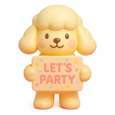 smiling poodle holding a confetti sign board with the text "Let's Party", cheeks blushing, vinyl figure style sticker