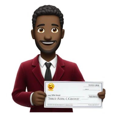 fat guy in dark red velvet suit holding cheque sticker