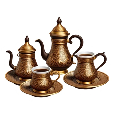 Turkish Coffee Set – Cinematic Realistic Turkish Coffee Set, depicted as an elegantly arranged ensemble of ornate coffee cups and a traditional cezve pot, adorned with intricate patterns and rich, warm colors, rendered with detailed textures and soft ambient lighting that captures its cultural heritage. sticker
