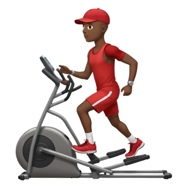 dark skin bald African American man on elliptical machine with red tank shirt and black shorts and backwards facing baseball hatcap sticker