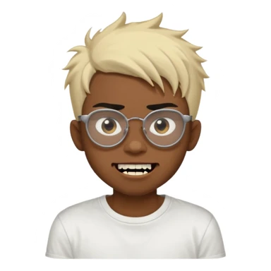 Black Male Teenager with Short punk messy blonde hair, Dark brown bushy eyebrows large expressive golden-brown eyes, wearing a plain white t-shirt, wearing thick black glasses, Dark Brown skin color. Showing off his singular vampire tooth sticker