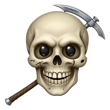A laughing skull with a scythe crossed behind it, one eye socket winking. Clean, stylized lines, flat vector. Medieval woodcut style. Black and white with one accent color (tarnished silver). No background. sticker