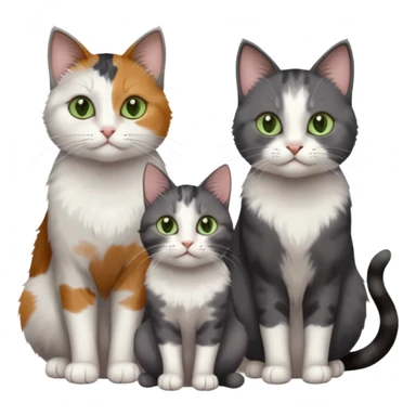 3 different coloured small cats including a dark grey and white, and a patchy calico with hazel eyes and a completely solid dark grey with green eyes and only white paws sticker