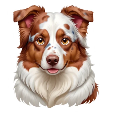 Cinematic Noble Predominantly White Red Merle Australian Shepherd Portrait Emoji, Poised and regal, with a strong, agile build and a stunning predominantly white coat with splashes of red merle, piercing blue eyes, Simplified yet sharp and sophisticated features, highly detailed, glowing with a soft, dignified glow, high shine, intelligent and loyal, stylized with an air of elegance, focused and attentive, soft glowing outline, capturing the essence of a watchful and confident herder, so majestic it feels as though it could step out of the screen with effortless authority! sticker