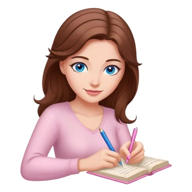 female writer happy, brown hair and blue eyes writing a light pink romance novel sticker