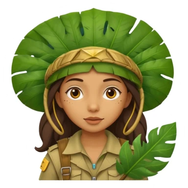 a girl explorer with jungle wearing a large leaf headgear bye  sticker