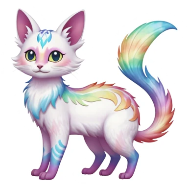 Jumping-Pure-snow-White albino iridescent with pastel rainbow-gradients-color-markings with swirly patterns butterflies  faerie-Noivern-Noibat-Purloin-Torracat-Lykoi-Caracal-cat-Fakemon-fusion-hybrid-creature- sticker