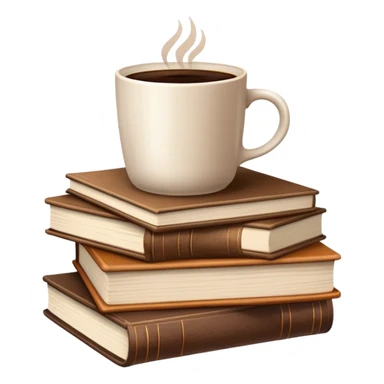 Stack of brown books with a coffee cup on top sticker
