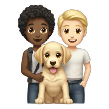 white gay couple blackhair-slightly-curly holding one light yellow labrador retriever puppy sticker