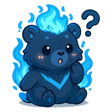 Transform this character into a super cute chibi version with a question mark above the head, keeping the blue flame details and overall color scheme. Make it adorable and expressive in chibi stickers style. sticker
