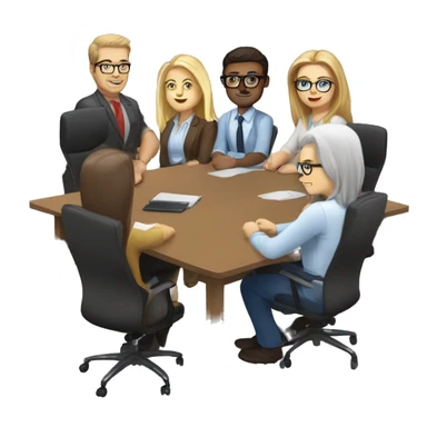 meeting table with 6 people seated two men, both width buzcuts and glases, two blonwimen with long hair, two brownhaired women with long hair and one brown haired woman with short hair sticker