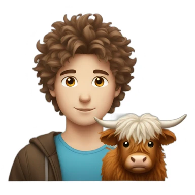 white brunette boy with fluffy hair with fluffy highland cow sticker