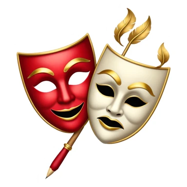 Create a bold and dramatic emoji representing the art of playwriting. The design should feature an open script or a theater playbook, with stylized text inside. Include elements like a theatrical comedy and tragedy masks, a stage spotlight, or a writting quill to symbolize creativity and performance. Use deep, contrasting colors like red, black, and gold to evoke the intensity and passion of drama. The overall design should feel dramatic, inspiring, and artistic. Make the background transparent. sticker