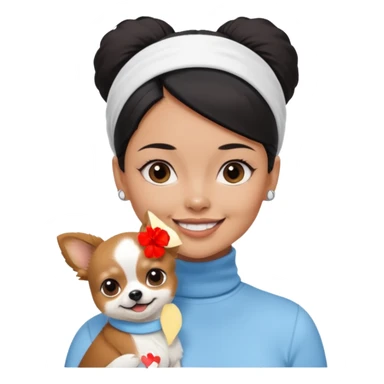 tan skin woman, with short black hair in a slicked back ponytail with forehead showing, with white headband, wearing solid pastel blue turtleneck shirt, smiling carrying dark brown-white furry fuzzy chihuahua papillon pomeranian dog sticker