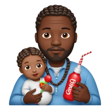 Big black man with braids hold a  baby bottle and a lollipop sticker