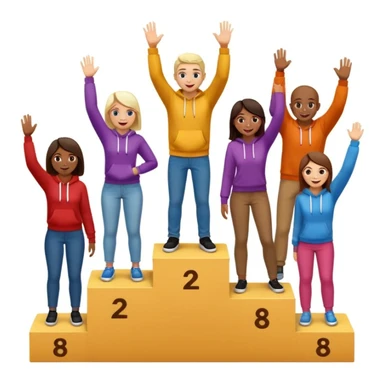multi-racial group on a brown winners’ podium with the middle step higher, no numbers, all in colorful jeans, t-shirts, and hoodies, one person high fiving, excited fun expressive emoji style sticker